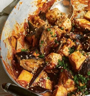 a dish of sticky miso aubergine and smoked tofu with peanut butter