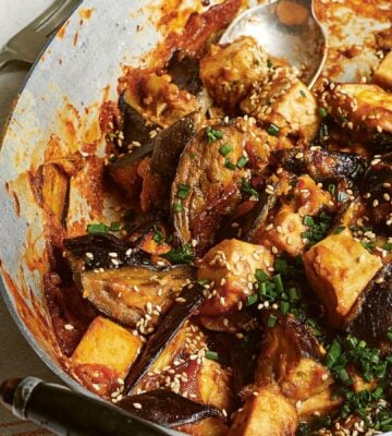 a dish of sticky miso aubergine and smoked tofu with peanut butter
