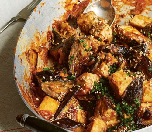 a dish of sticky miso aubergine and smoked tofu with peanut butter