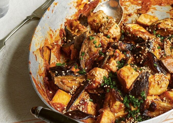 a dish of sticky miso aubergine and smoked tofu with peanut butter