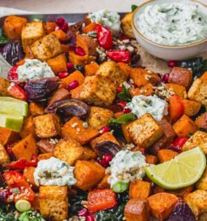 a tandoori tofu traybake with cucumber raita