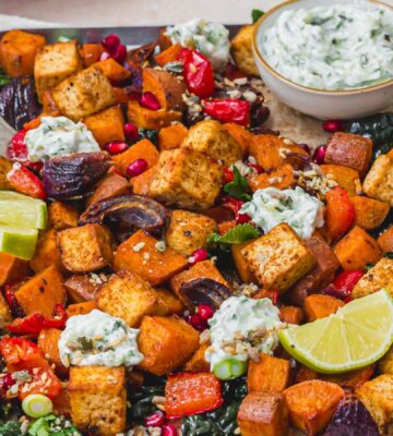 a tandoori tofu traybake with cucumber raita