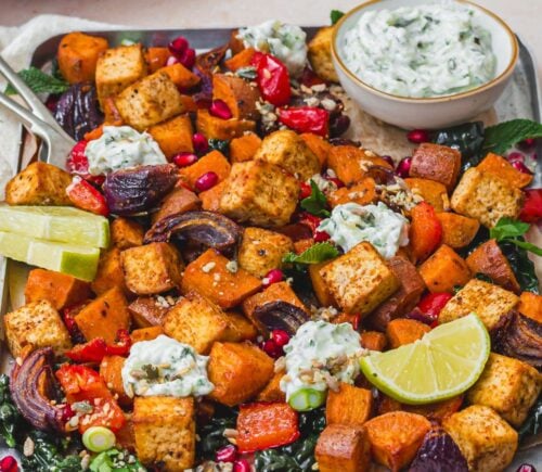 a tandoori tofu traybake with cucumber raita