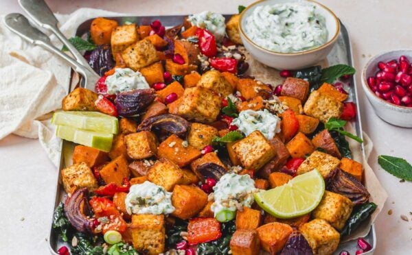 a tandoori tofu traybake with cucumber raita