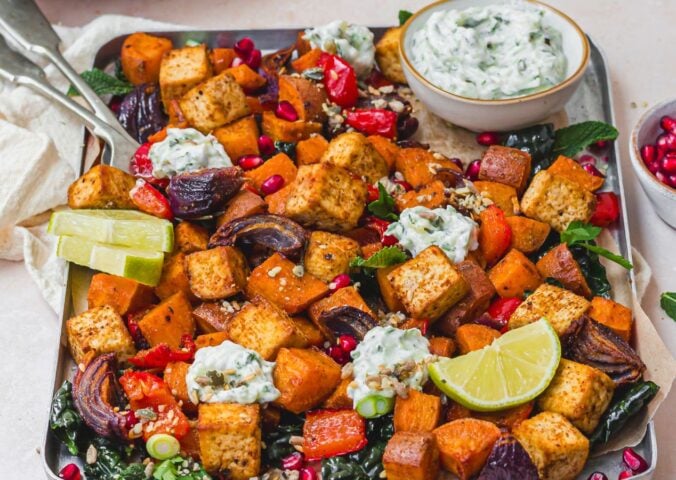 a tandoori tofu traybake with cucumber raita