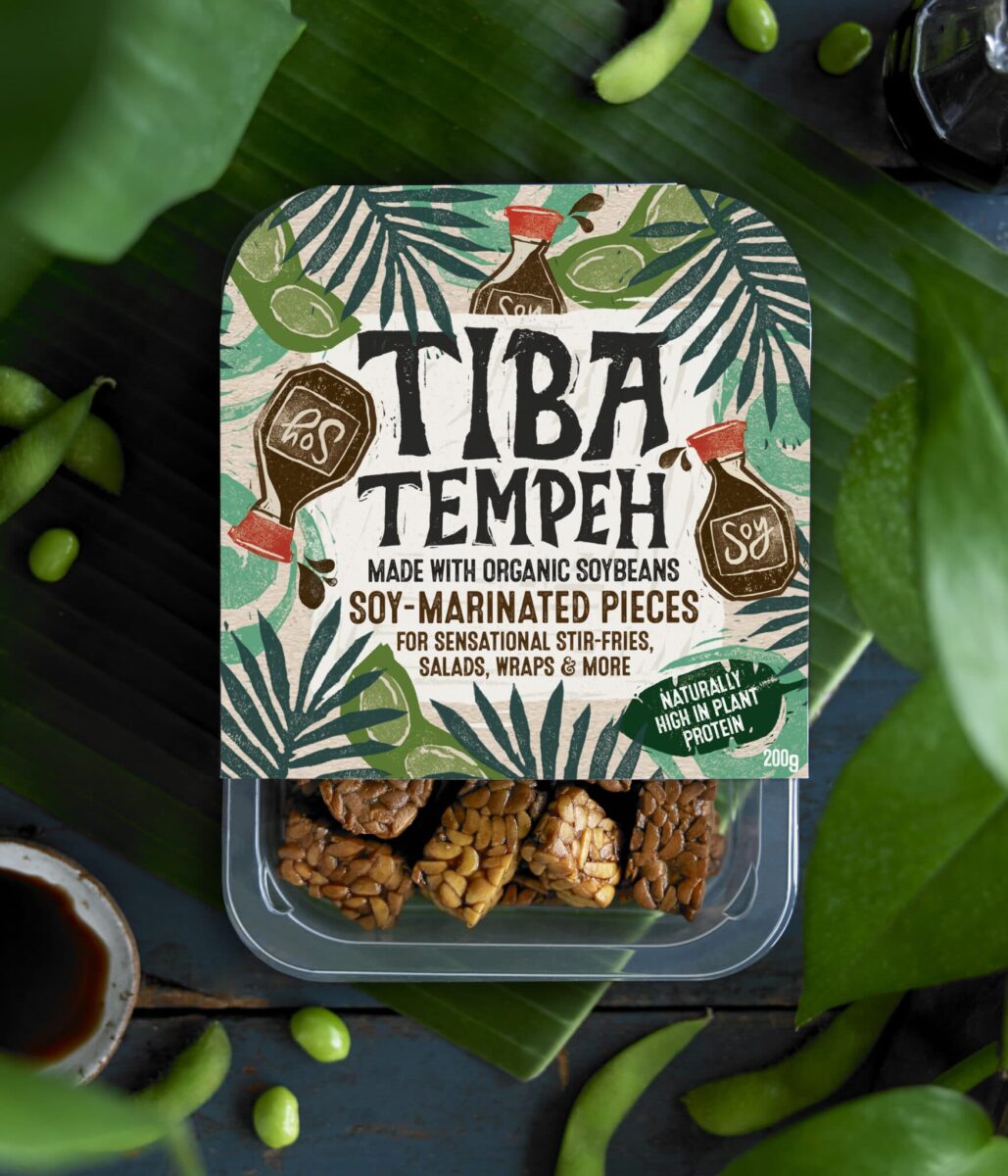 A packet of marinated tempeh chunks from Tiba Tempeh