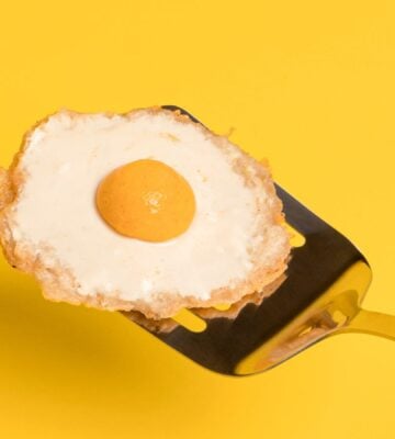 a vegan fried egg with a potato egg white and a sweet potato yolk