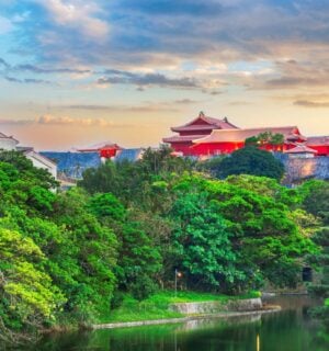 A landscape picture of Blue Zone area Okinawa, Japan, showcasing green trees and red buildings