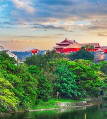 A landscape picture of Blue Zone area Okinawa, Japan, showcasing green trees and red buildings
