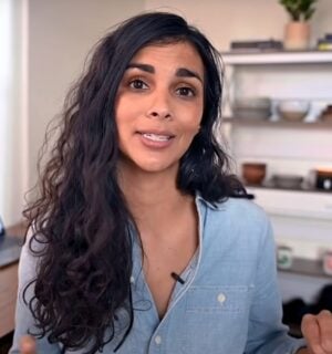 Plant-based YouTuber Nisha Vora in a still from her video on common mistakes vegans make