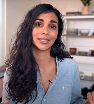 Plant-based YouTuber Nisha Vora in a still from her video on common mistakes vegans make