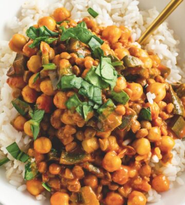 creamy gochujang chickpeas and lentils with poblano pepper on rice