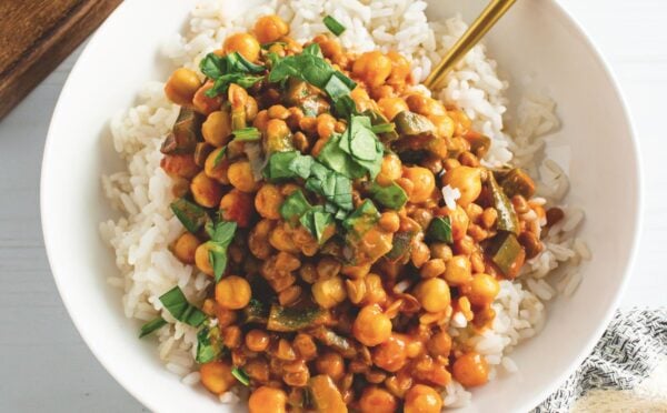 creamy gochujang chickpeas and lentils with poblano pepper on rice
