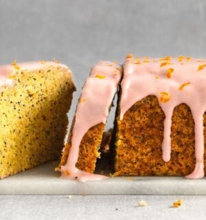 gluten-free poppy seed tea cake with raspberry cream cheese icing