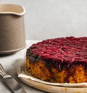 gluten-free upside down sour cherry cake with creme anglaise