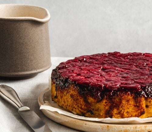 gluten-free upside down sour cherry cake with creme anglaise