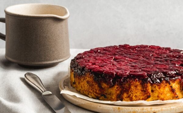 gluten-free upside down sour cherry cake with creme anglaise