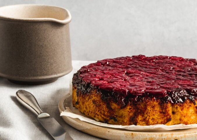 gluten-free upside down sour cherry cake with creme anglaise