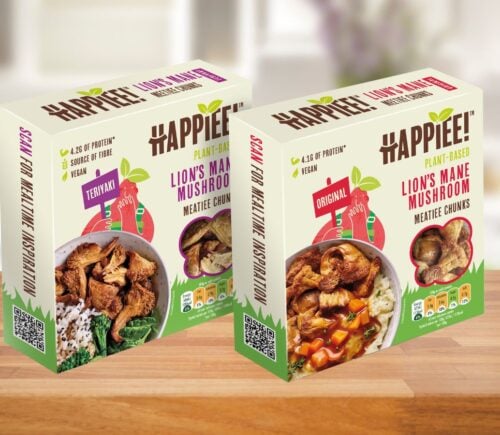Two packs of Happiee easy-cook Lion's Mane mushrooms, a less processed alternative to meat