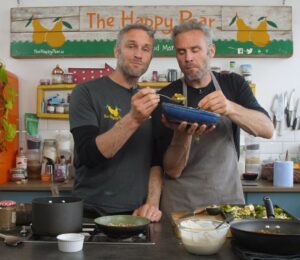 Plant-Based YouTubers David and Stephen Flynn from The Happy pear making a vegan nourish bowl