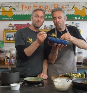 Plant-Based YouTubers David and Stephen Flynn from The Happy pear making a vegan nourish bowl