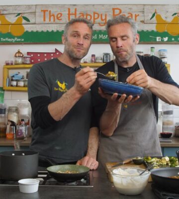 Plant-Based YouTubers David and Stephen Flynn from The Happy pear making a vegan nourish bowl
