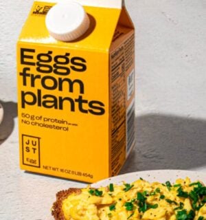 A packet of JUST Egg next to some vegan scrambled egg