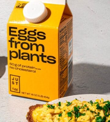 A packet of JUST Egg next to some vegan scrambled egg