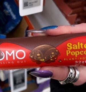 Photo shows one of the new NOMO vegan chocolate bar flavors, "Salted Popcorn"