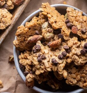 vegan oatmeal cookie granola with dairy free chocolate chips, almond butter, and seeds