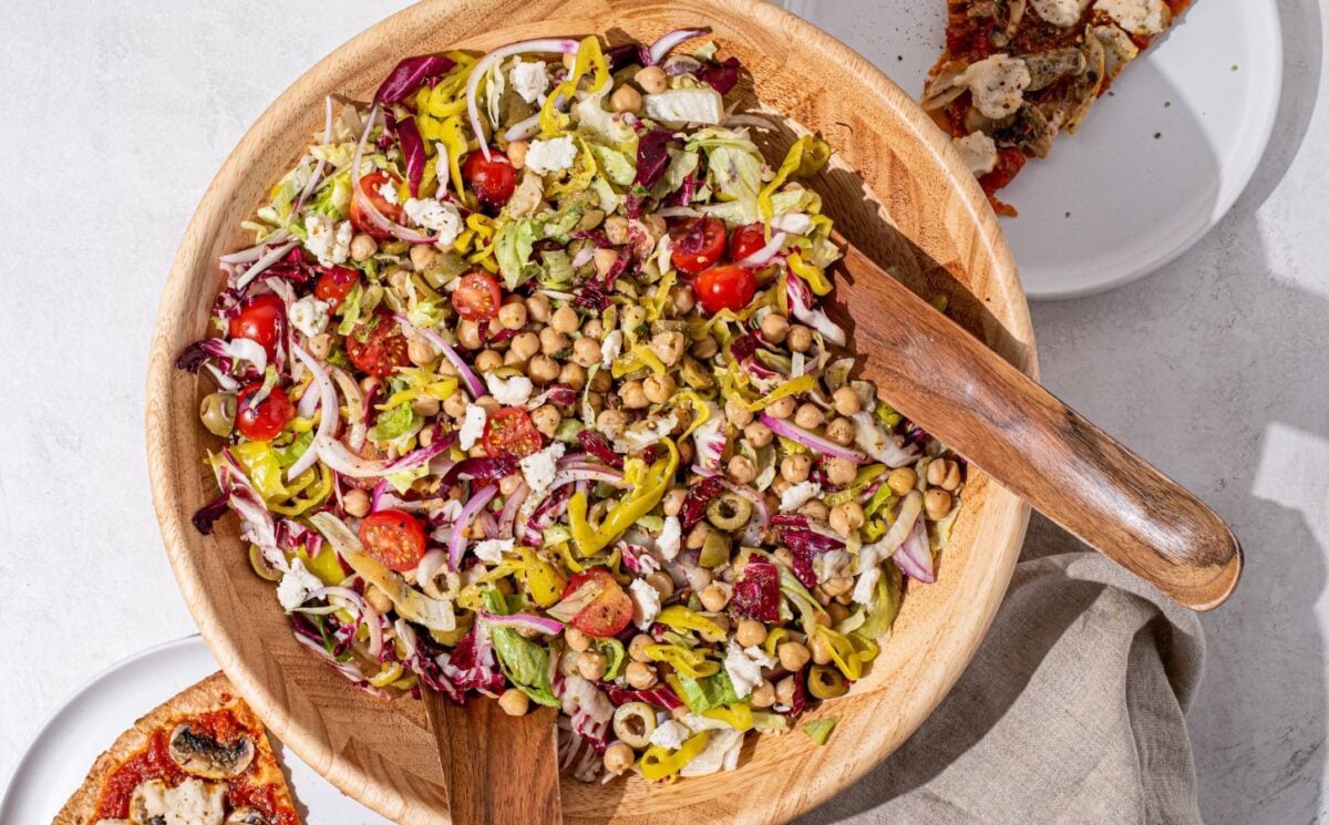 vegan pizza night salad with high protein chickpeas