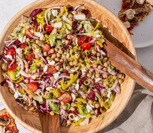 vegan pizza night salad with high protein chickpeas