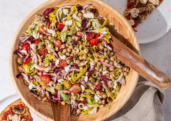 vegan pizza night salad with high protein chickpeas