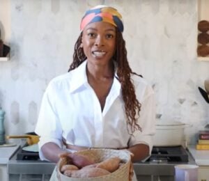Plant-based YouTuber Jenné Claiborne in a still from her video on vegan foods she eats every day