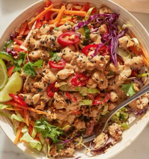 satay chickpea and quinoa salad with veggies and lime