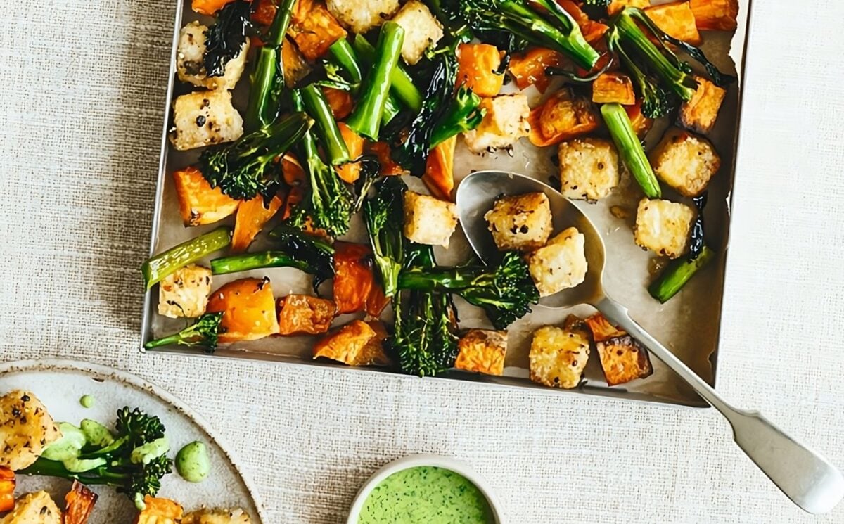 sheet pan crispy black pepper tofu, broccoli, and sweet potatoes