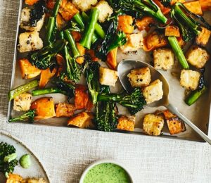 sheet pan crispy black pepper tofu, broccoli, and sweet potatoes