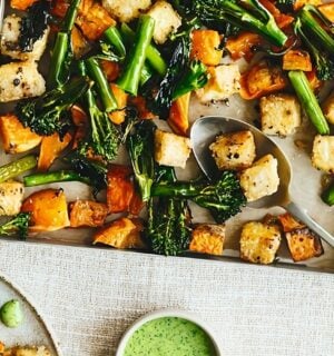 sheet pan crispy black pepper tofu, broccoli, and sweet potatoes