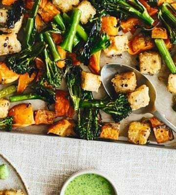 sheet pan crispy black pepper tofu, broccoli, and sweet potatoes