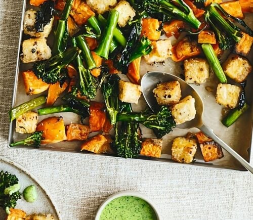 sheet pan crispy black pepper tofu, broccoli, and sweet potatoes