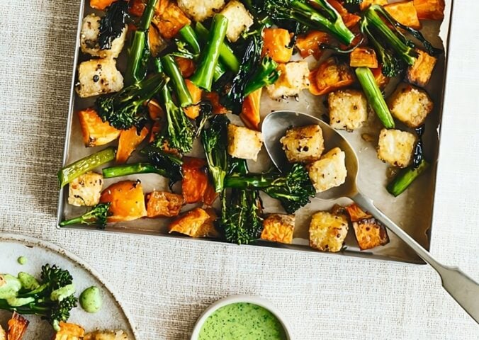 sheet pan crispy black pepper tofu, broccoli, and sweet potatoes