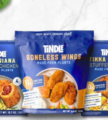 Photo shows the packaging of three core TiNDLE products: Parmigiana flavor Stuffed Chicken, Boneless Wings, and Tikka Masala Stuffed Chicken (L-R)