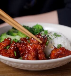 A bowl of gochujang tofu from a video on tofu recipes