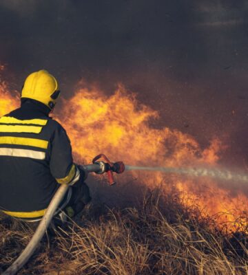Photo shows a firefighting using a hose to fight a wildfire