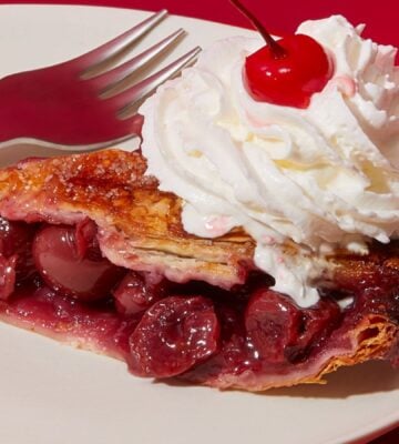 vegan cherry pie with sour cherries and vegan whipped cream
