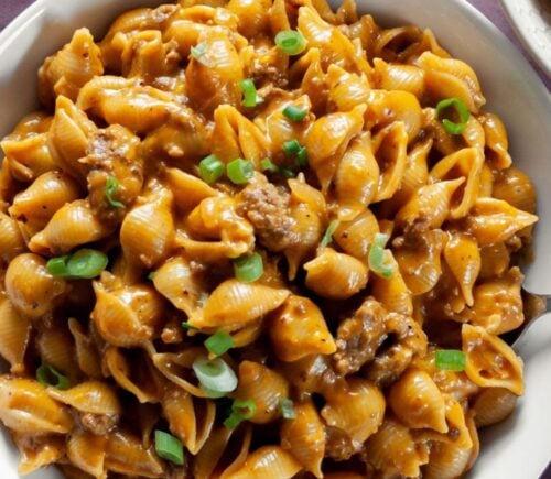 a bowl of cheezy hamburger shells a vegan version of hamburger helper for vegan family dinner ideas