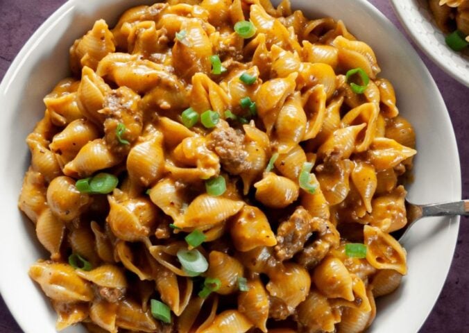 a bowl of cheezy hamburger shells a vegan version of hamburger helper for vegan family dinner ideas