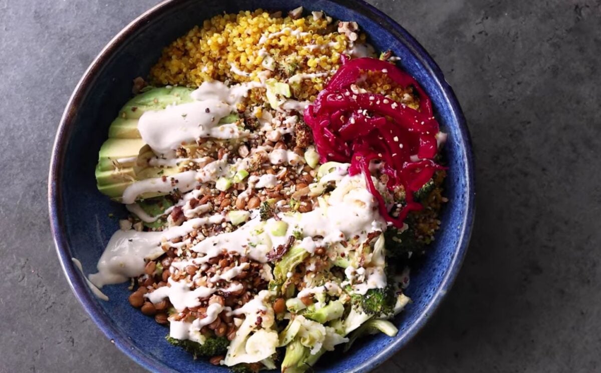 This soy-free vegan nourish bowl is high in protein thanks to quinoa, lentils, and hemp