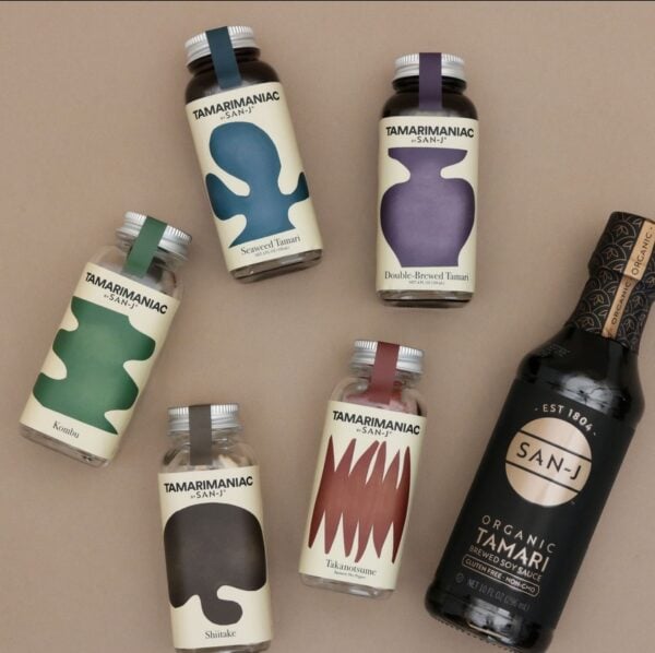 Photo shows a selection of San-J products, including organic tamari