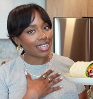 Shakayla Felice showing three high-protein vegan lunch wraps to eat